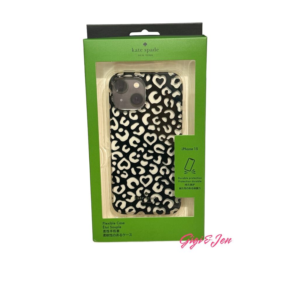 Kate Spade iPhone 15 Clear phone case Graphic Black Leopard Hearts Print